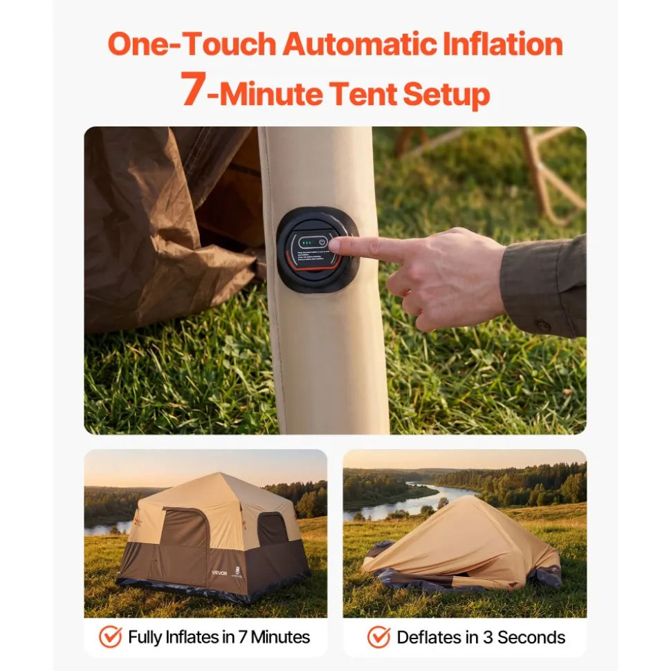 VEVOR Camping Tent, 6 Person Inflatable Cabin Tent with Rechargeable Pump, TPU Air Tube & 4 Large Mesh Windows, Portable Easy Setup Waterproof with Carry Bag for Family Outdoor Camping & Hiking, Beige