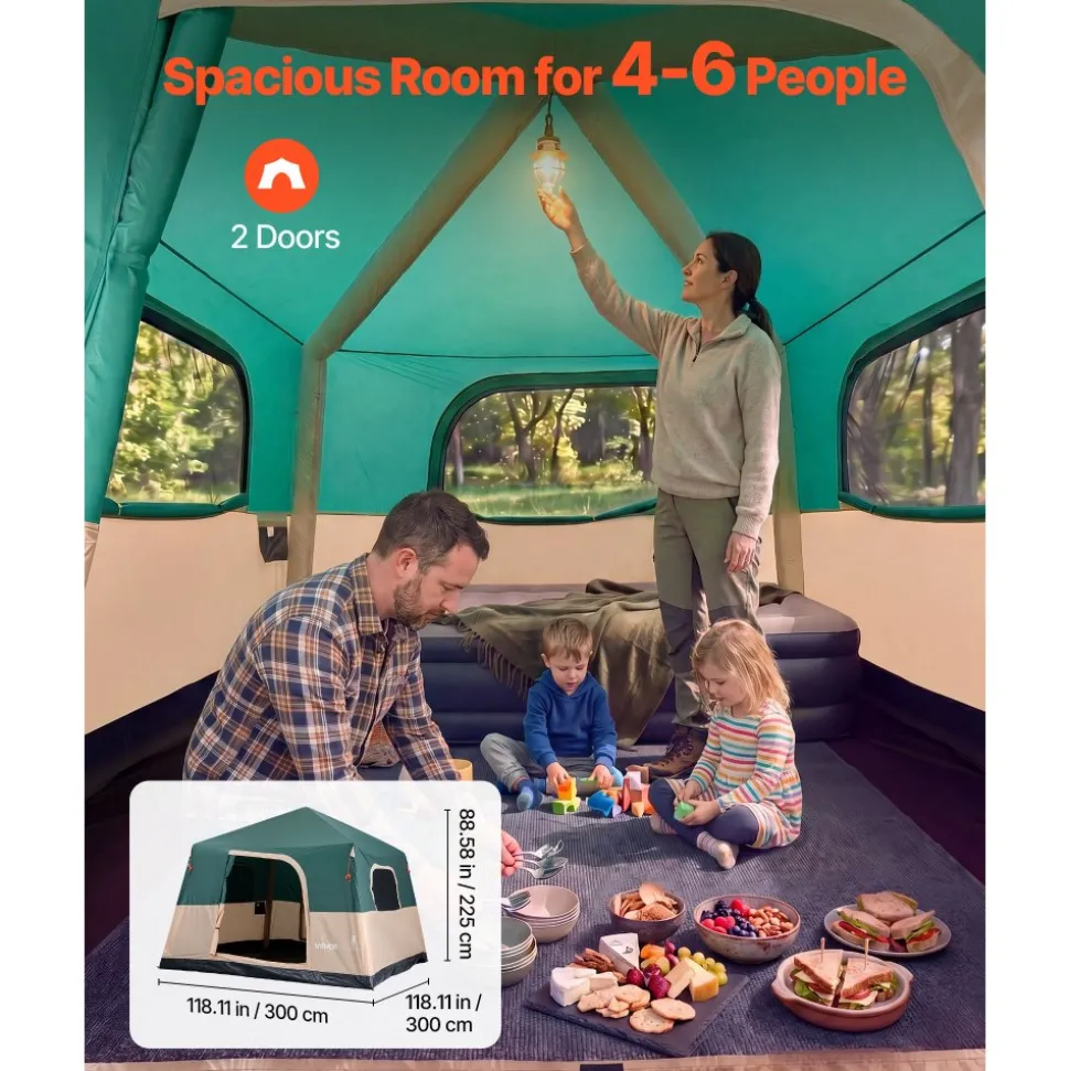 VEVOR Camping Tent, 6 Person Inflatable Cabin Tent with Rechargeable Pump, TPU Air Tube & 4 Large Mesh Windows, Portable Easy Setup Waterproof with Carry Bag for Family Outdoor Camping & Hiking, Green