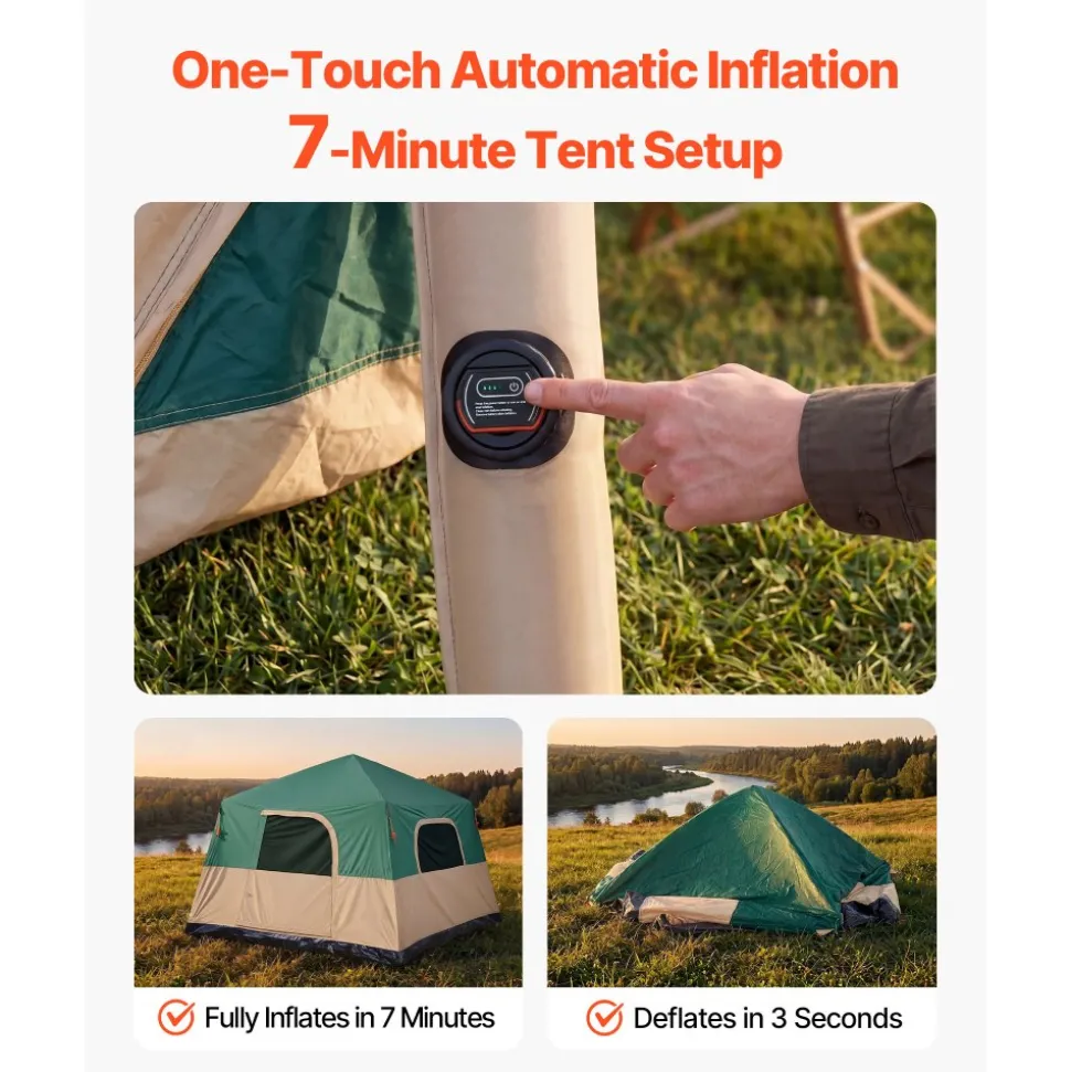 VEVOR Camping Tent, 6 Person Inflatable Cabin Tent with Rechargeable Pump, TPU Air Tube & 4 Large Mesh Windows, Portable Easy Setup Waterproof with Carry Bag for Family Outdoor Camping & Hiking, Green