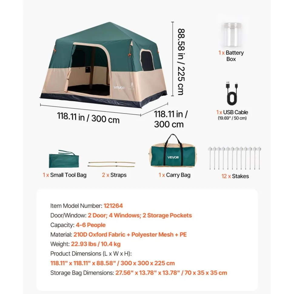 VEVOR Camping Tent, 6 Person Inflatable Cabin Tent with Rechargeable Pump, TPU Air Tube & 4 Large Mesh Windows, Portable Easy Setup Waterproof with Carry Bag for Family Outdoor Camping & Hiking, Green