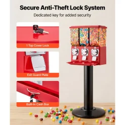 VEVOR Candy Vending Machine, Triple Compartment Candy Vending Machine with Stand, Gumball & Candies Vendings Machines with Built-In Cash Box, Detachable, Vintage Candies Dispenser for Shops, Arcades