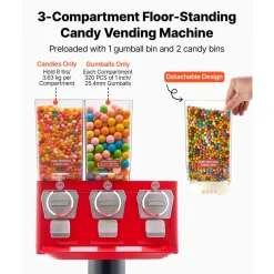 VEVOR Candy Vending Machine, Triple Compartment Candy Vending Machine with Stand, Gumball & Candies Vendings Machines with Built-In Cash Box, Detachable, Vintage Candies Dispenser for Shops, Arcades