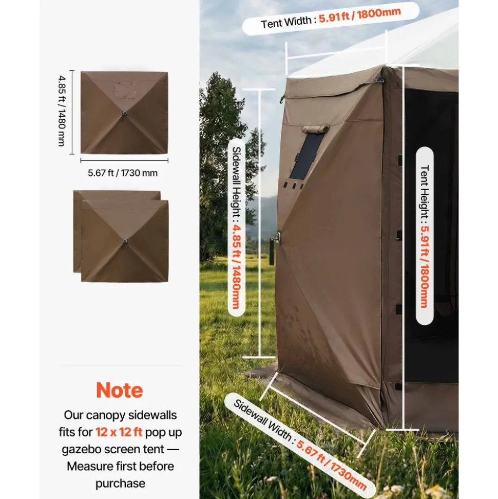 VEVOR Canopy Sidewalls, 5.67 x 4.85 ft, Canopy Tent Walls with Waterproof and Sunlight Protection Layer, One-Sided Window Design, Fit for Outdoor Event Tents, Vendor Booths (3 Sidewalls Only, Brown)