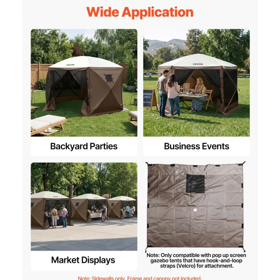 VEVOR Canopy Sidewalls, 5.67 x 4.85 ft, Canopy Tent Walls with Waterproof and Sunlight Protection Layer, One-Sided Window Design, Fit for Outdoor Event Tents, Vendor Booths (3 Sidewalls Only, Brown)