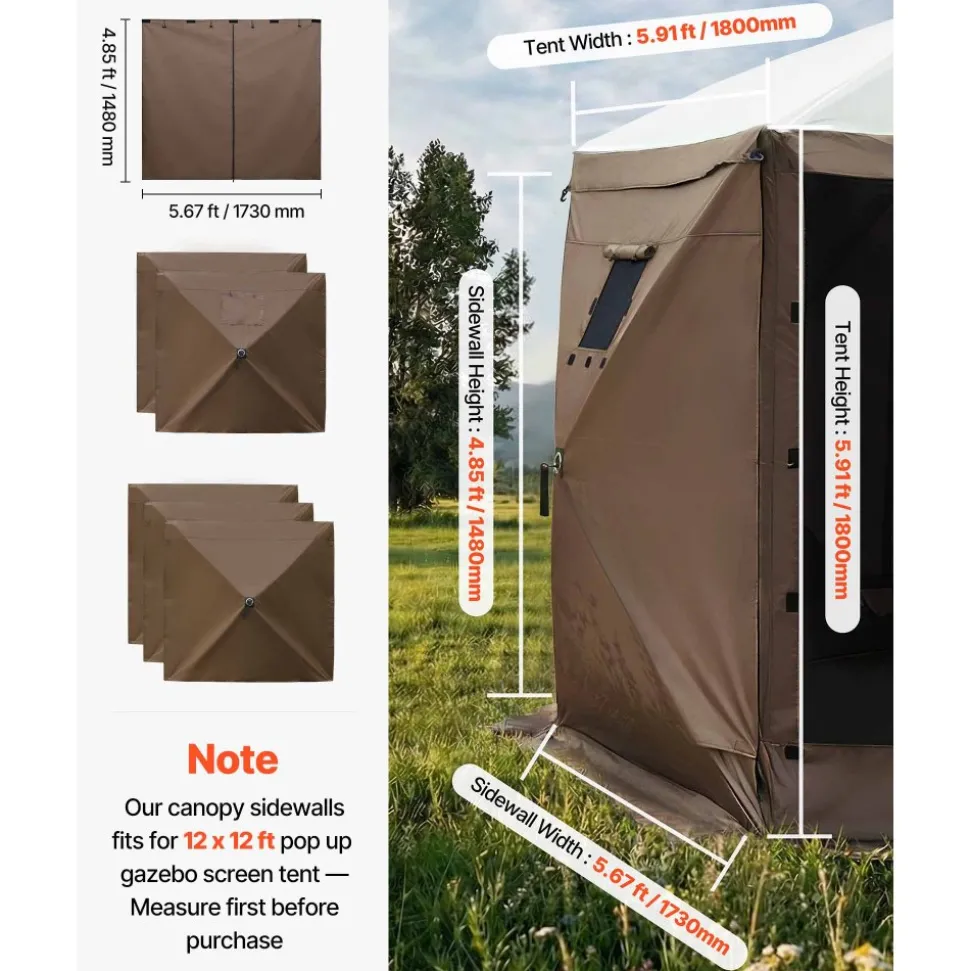 VEVOR Canopy Sidewalls, 5.67 x 4.85 ft, Canopy Tent Walls with Waterproof and Sunlight Protection, 1 Zippered Door & 2 Windows Design for Outdoor Event Tents, Vendor Booths (6 Sidewalls Only, Brown)