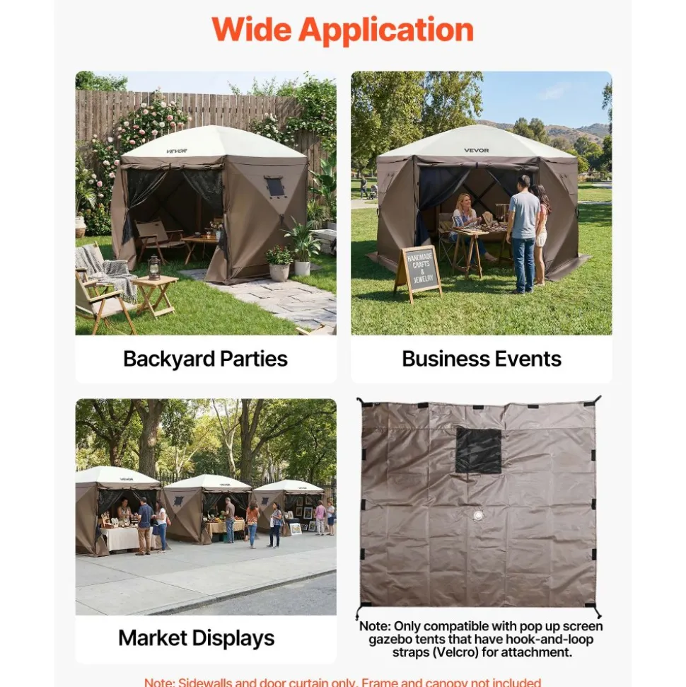 VEVOR Canopy Sidewalls, 5.67 x 4.85 ft, Canopy Tent Walls with Waterproof and Sunlight Protection, 1 Zippered Door & 2 Windows Design for Outdoor Event Tents, Vendor Booths (6 Sidewalls Only, Brown)