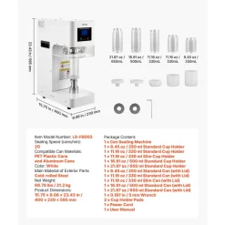 VEVOR Can Sealer Machine, Automatic Commercial Soda Can Sealing Machine for 2.17 in (55 mm) Aluminum and Plastic Cans, Height Adjustable, Steel Housing Beverage Drink Seamer, for Coffee Shop, White