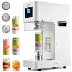 VEVOR Can Sealer Machine, Automatic Commercial Soda Can Sealing Machine for 2.17 in (55 mm) Aluminum and Plastic Cans, Height Adjustable, Steel Housing Beverage Drink Seamer, for Coffee Shop, White