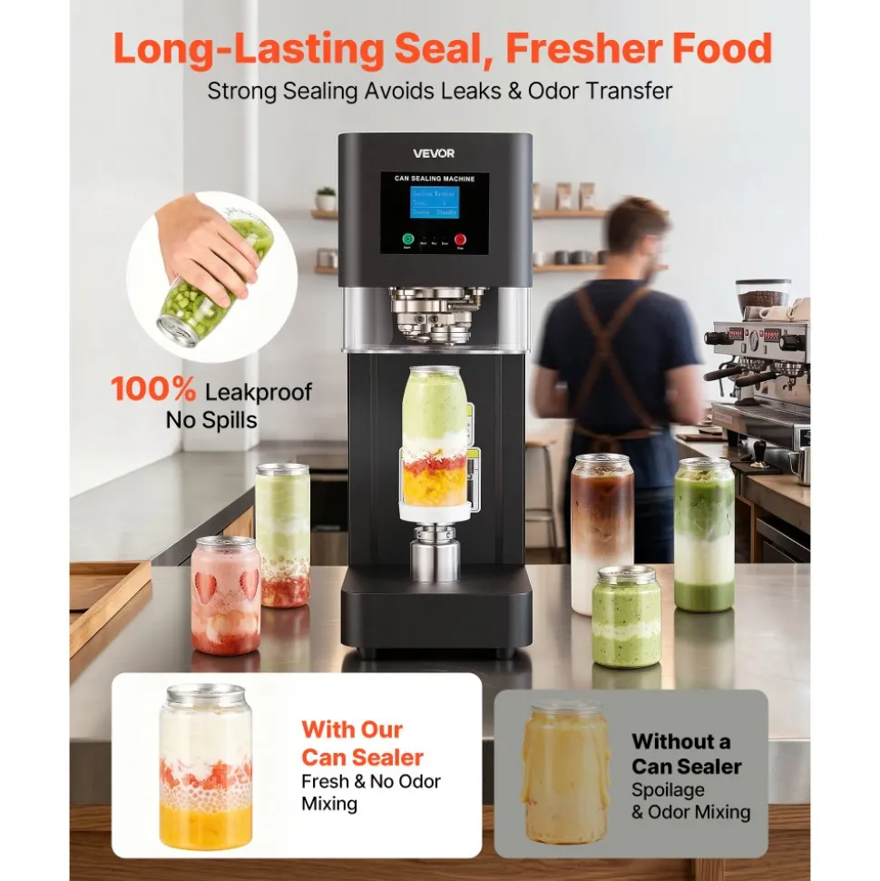 VEVOR Can Sealer Machine, Automatic Commercial Soda Can Sealing Machine for 2.17 in (55 mm) Aluminum and Plastic Cans, Height Adjustable, Steel Housing Beverage Drink Seamer, for Coffee Shop, Black