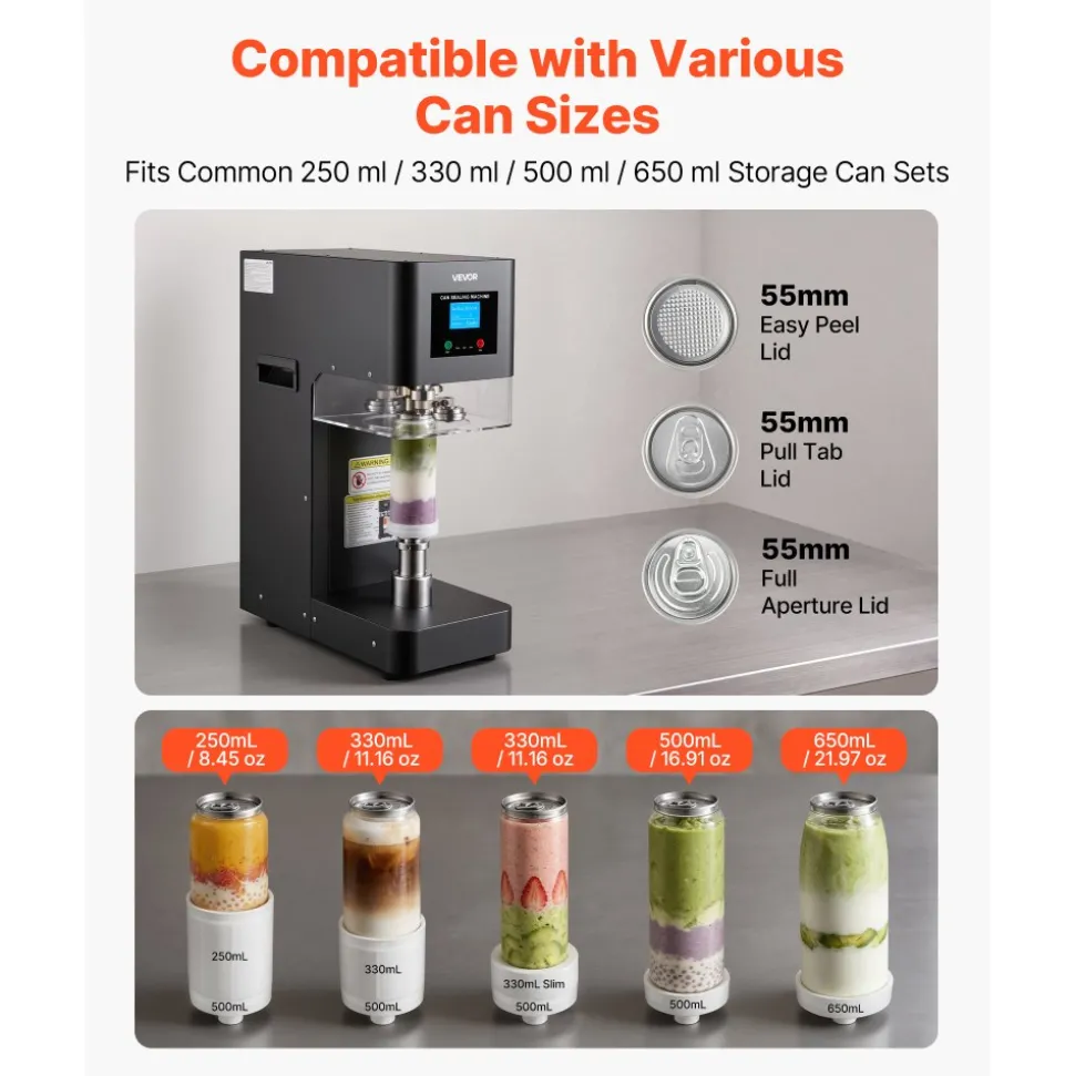 VEVOR Can Sealer Machine, Automatic Commercial Soda Can Sealing Machine for 2.17 in (55 mm) Aluminum and Plastic Cans, Height Adjustable, Steel Housing Beverage Drink Seamer, for Coffee Shop, Black