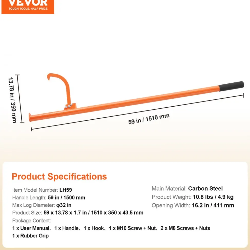 VEVOR Cant Hook Tool, 59 in, Heavy Duty Steel Log Roller, Log Lifter Timber Jack for Max 32" Dia Logs, Forestry Logging Tools, Dual Function Log Handler for Rolling and Clamping Logs