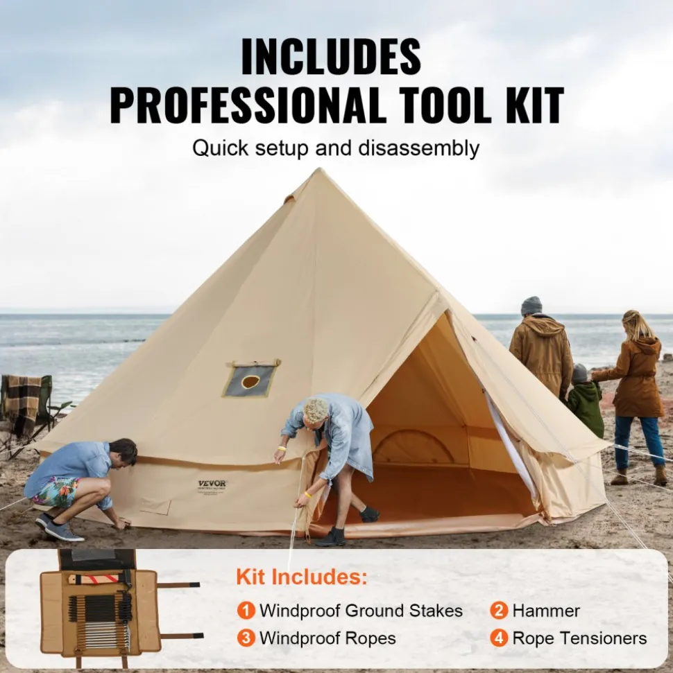 VEVOR Canvas Bell Tent, 4 Seasons 6 m/19.68 ft Yurt Tent, Canvas Tent for Camping with Stove Jack, Breathable Tent Holds up to 10 People, Family Camping Outdoor Hunting Party