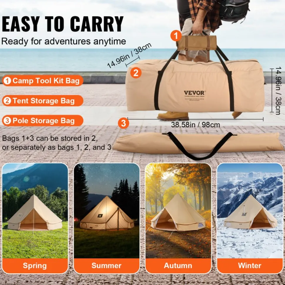 VEVOR Canvas Bell Tent, 4 Seasons 6 m/19.68 ft Yurt Tent, Canvas Tent for Camping with Stove Jack, Breathable Tent Holds up to 10 People, Family Camping Outdoor Hunting Party