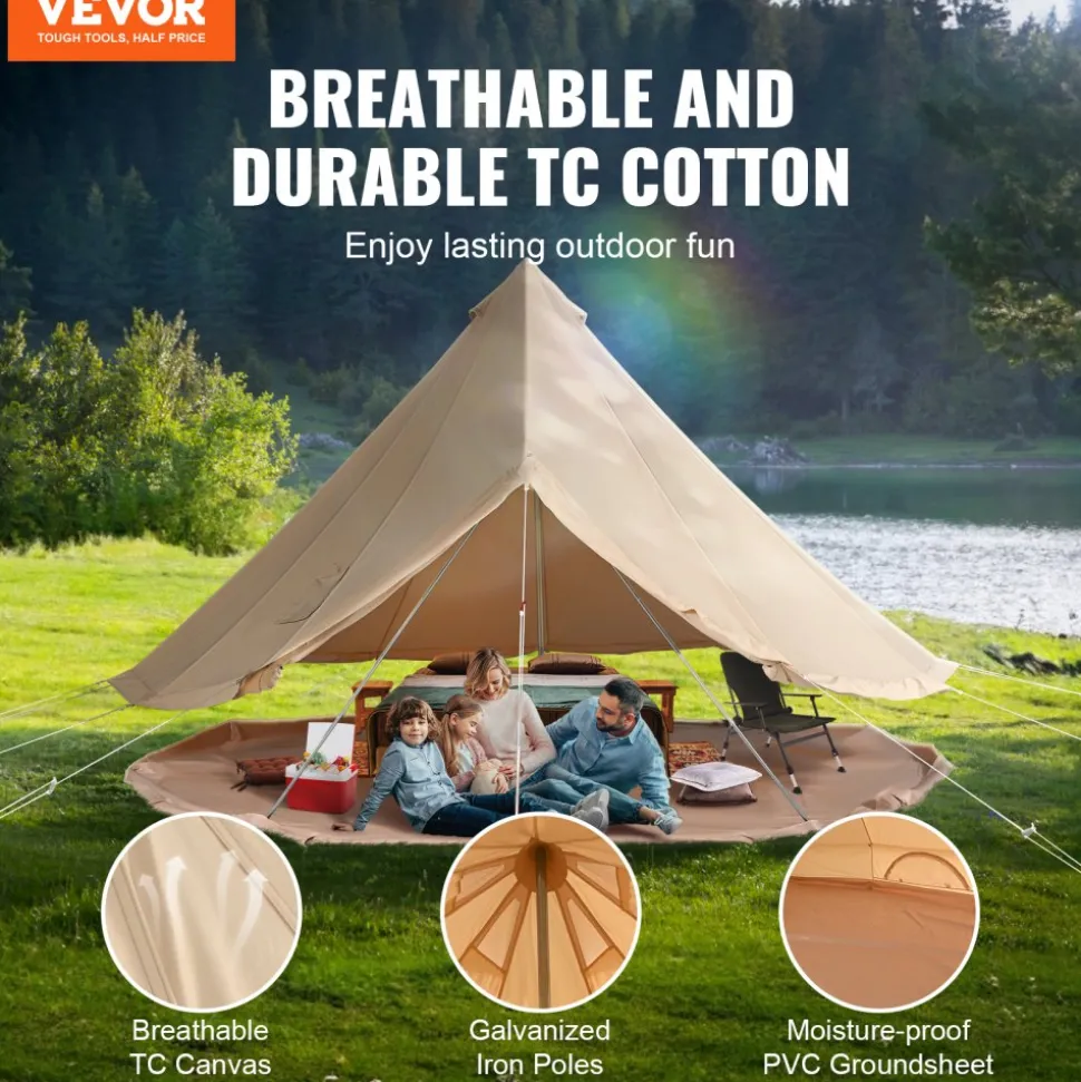 VEVOR Canvas Bell Tent, 4 Seasons 6 m/19.68 ft Yurt Tent, Canvas Tent for Camping with Stove Jack, Breathable Tent Holds up to 10 People, Family Camping Outdoor Hunting Party