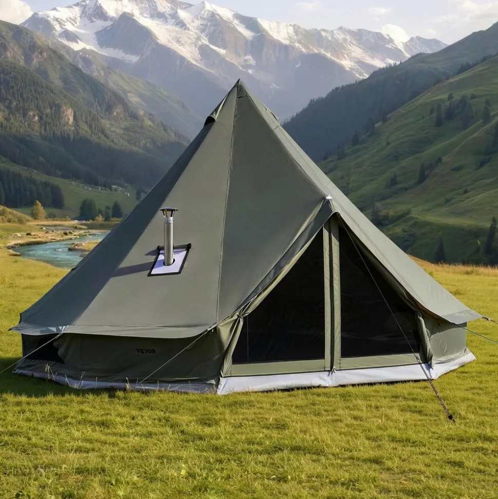 VEVOR Canvas Bell Tent, 4 Seasons 13.12 ft Yurt Tent for Camping with Stove Jack, Canvas Breathable Holds up to 4 People with Zipped Detachable Floor, for Family Camping Glamping Outdoor Hunting Party