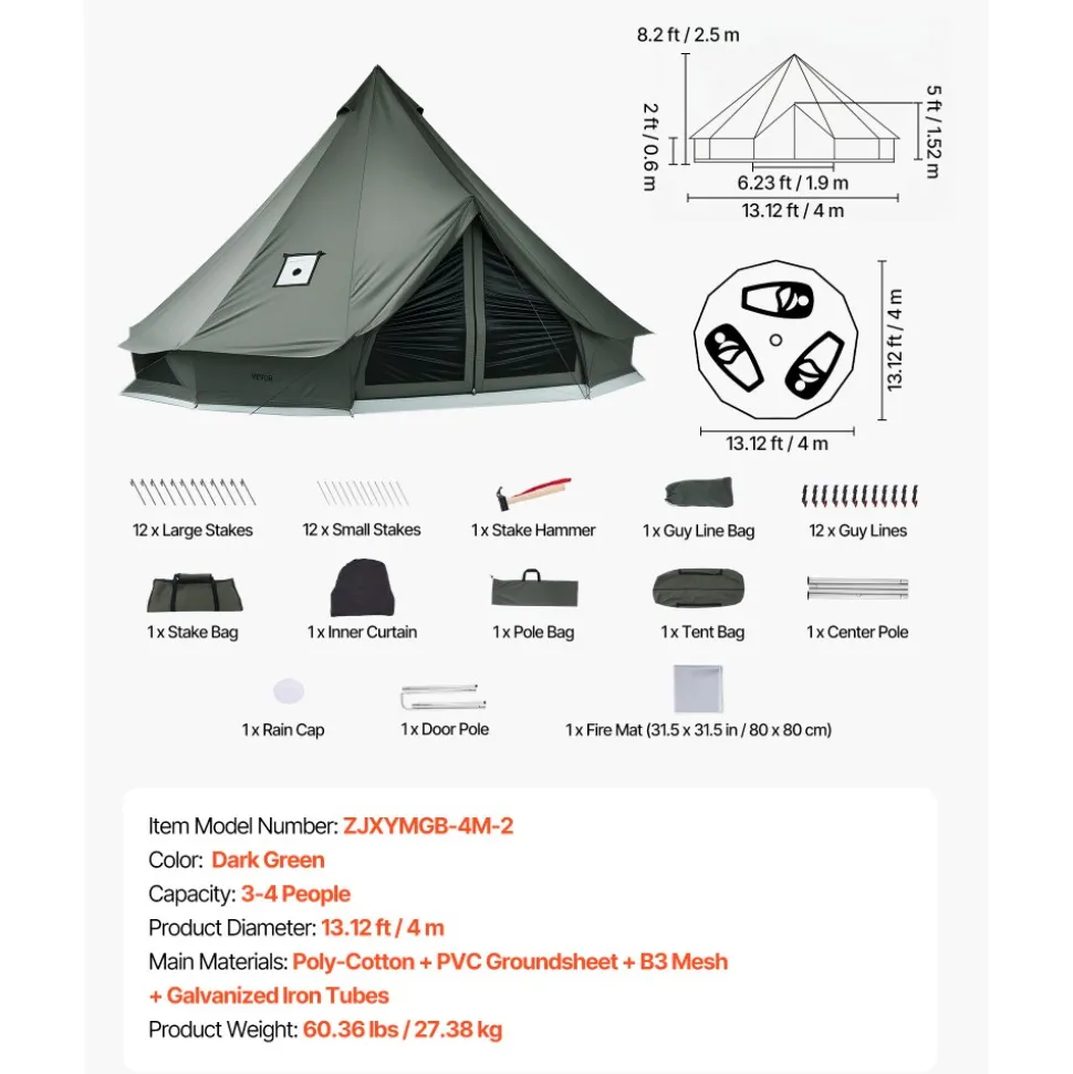 VEVOR Canvas Bell Tent, 4 Seasons 13.12 ft Yurt Tent for Camping with Stove Jack, Canvas Breathable Holds up to 4 People with Zipped Detachable Floor, for Family Camping Glamping Outdoor Hunting Party