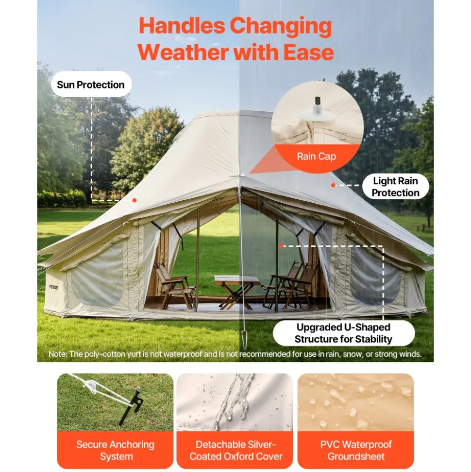 VEVOR Canvas Bell Tent, 4 Seasons 19.7 x 13.12 x 10.17 ft Yurt Tent for Camping with Stove Jack, Poly-Cotton Canvas Breathable Holds up to 12 People, for Family Camping Glamping Outdoor Hunting Party