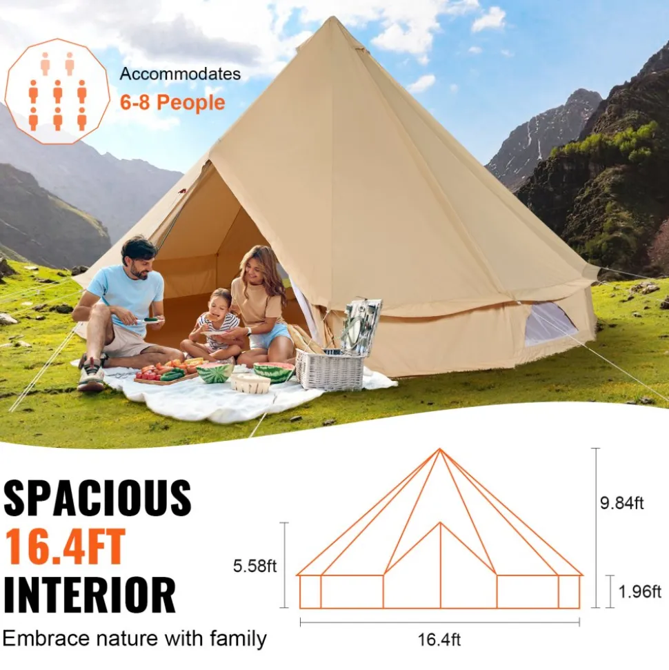 VEVOR Canvas Bell Tent, 4 Seasons 5 m/16.4 ft Yurt Tent, Canvas Tent for Camping with Stove Jack, Breathable Tent Holds up to 8 People, Family Camping Outdoor Hunting Party