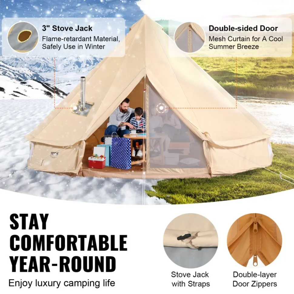 VEVOR Canvas Bell Tent, 4 Seasons 5 m/16.4 ft Yurt Tent, Canvas Tent for Camping with Stove Jack, Breathable Tent Holds up to 8 People, Family Camping Outdoor Hunting Party