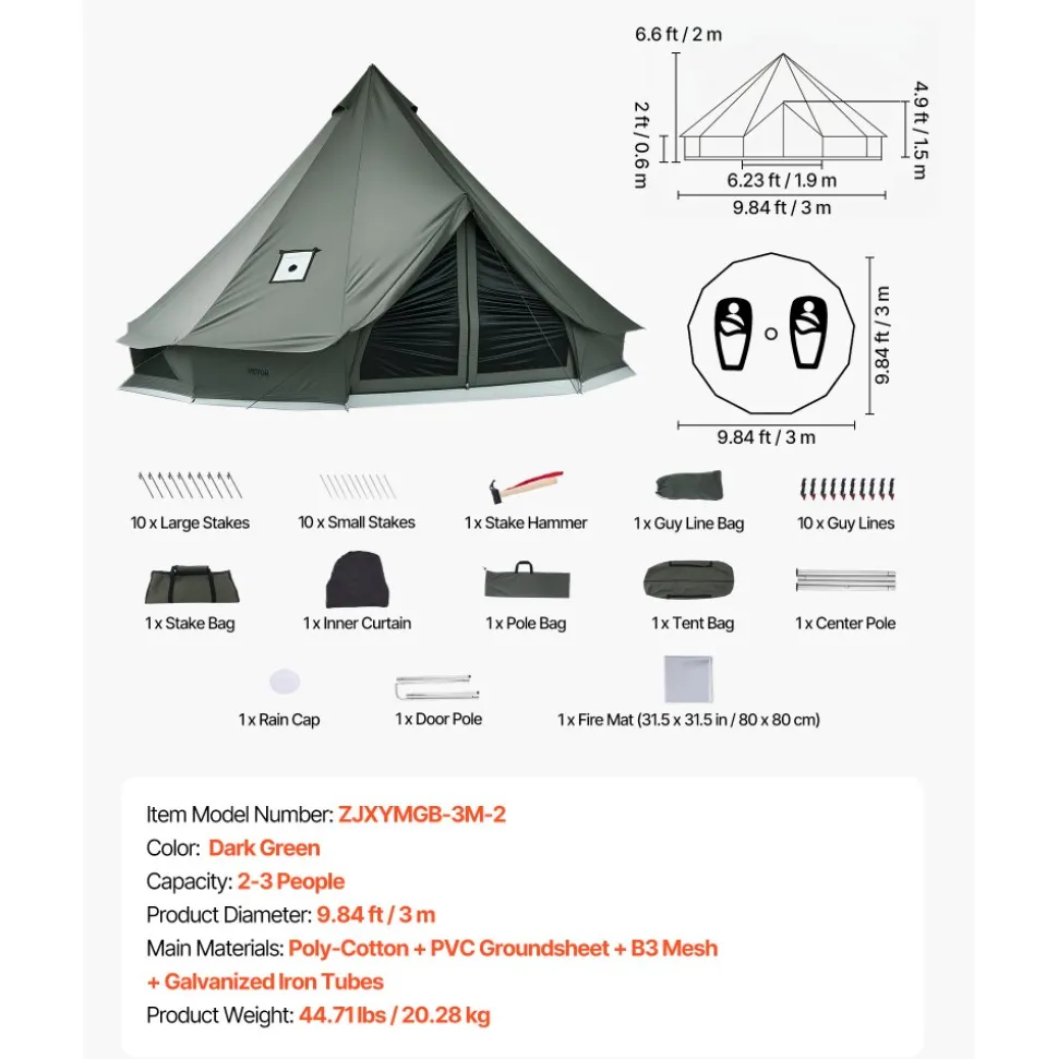 VEVOR Canvas Bell Tent, 4 Seasons 9.84 ft Yurt Tent for Camping with Stove Jack, Canvas Breathable Holds up to 3 People with Zipped Detachable Floor, for Family Camping Glamping Outdoor Hunting Party