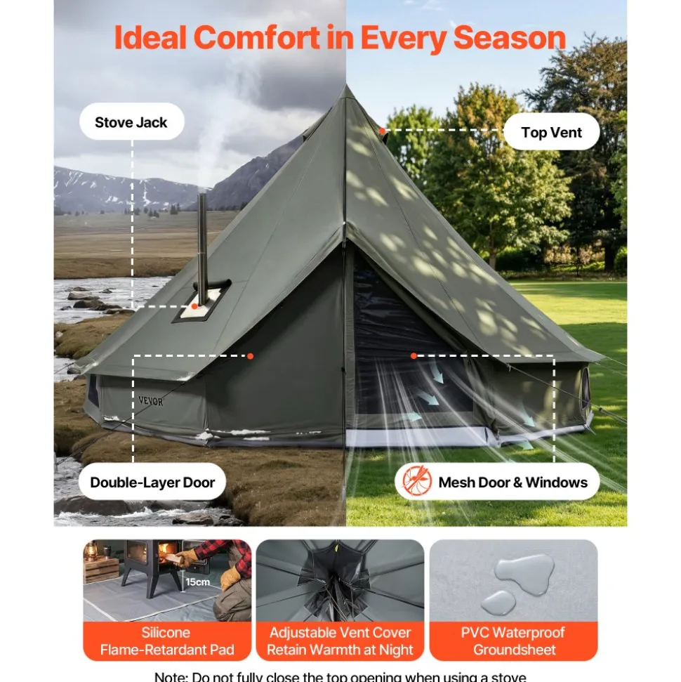 VEVOR Canvas Bell Tent, 4 Seasons 9.84 ft Yurt Tent for Camping with Stove Jack, Canvas Breathable Holds up to 3 People with Zipped Detachable Floor, for Family Camping Glamping Outdoor Hunting Party
