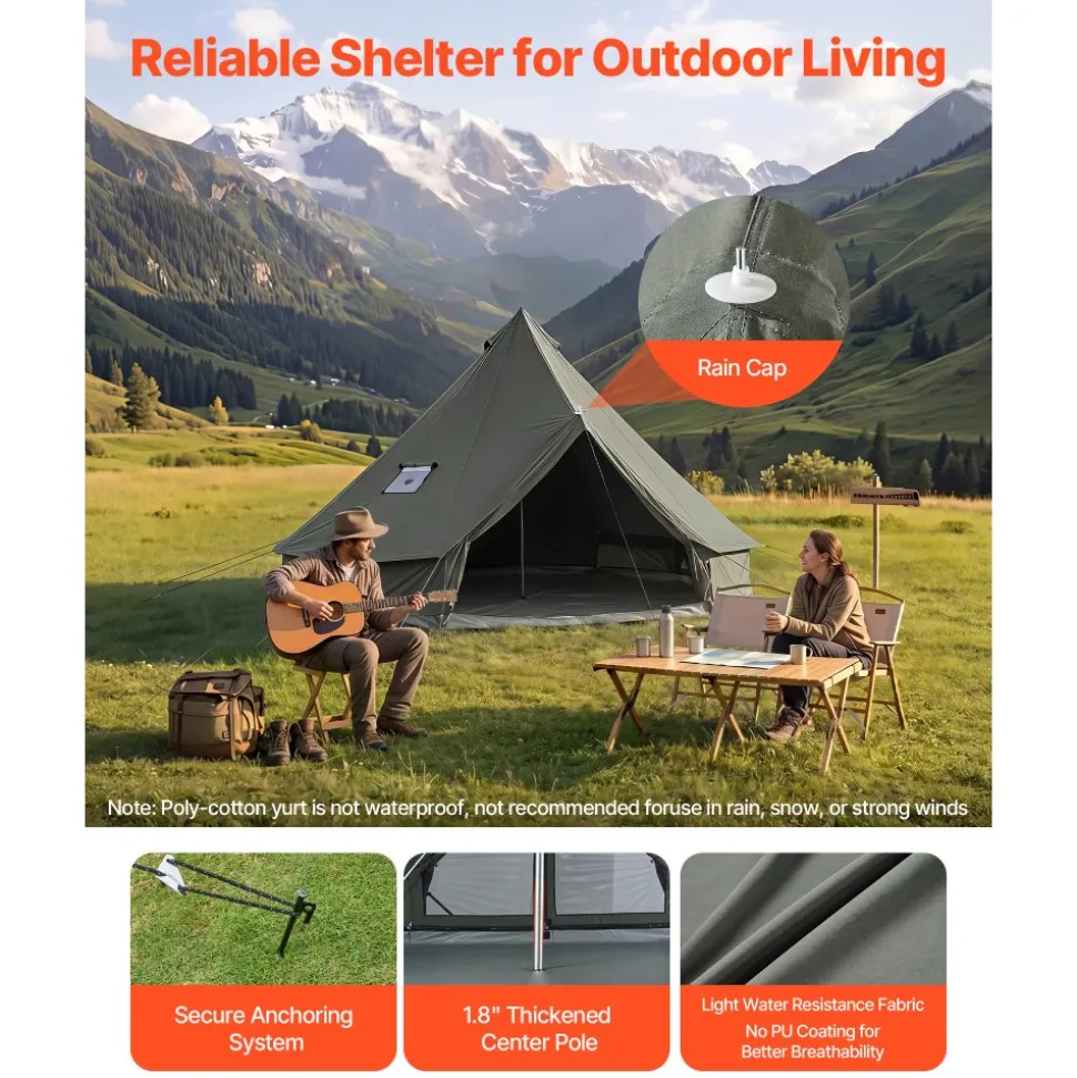 VEVOR Canvas Bell Tent, 4 Seasons 9.84 ft Yurt Tent for Camping with Stove Jack, Canvas Breathable Holds up to 3 People with Zipped Detachable Floor, for Family Camping Glamping Outdoor Hunting Party