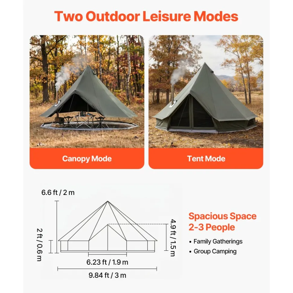 VEVOR Canvas Bell Tent, 4 Seasons 9.84 ft Yurt Tent for Camping with Stove Jack, Canvas Breathable Holds up to 3 People with Zipped Detachable Floor, for Family Camping Glamping Outdoor Hunting Party