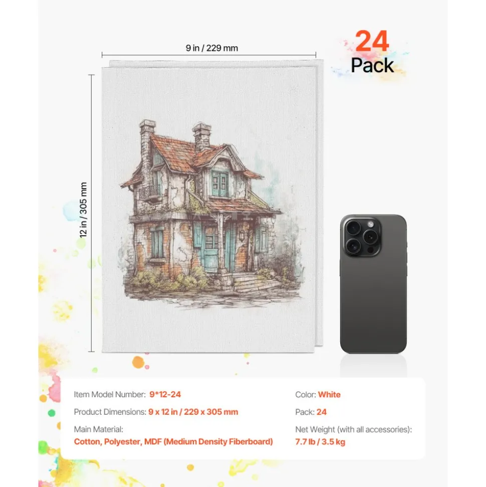 VEVOR Canvas Boards for Painting, 9 x 12 Inch White Canvases for Painting, 24 Pack Painting Canvas Panels for Sketching, Acrylic and Oil Painting, Watercolor, Paint Canvas for Kids and Professionals