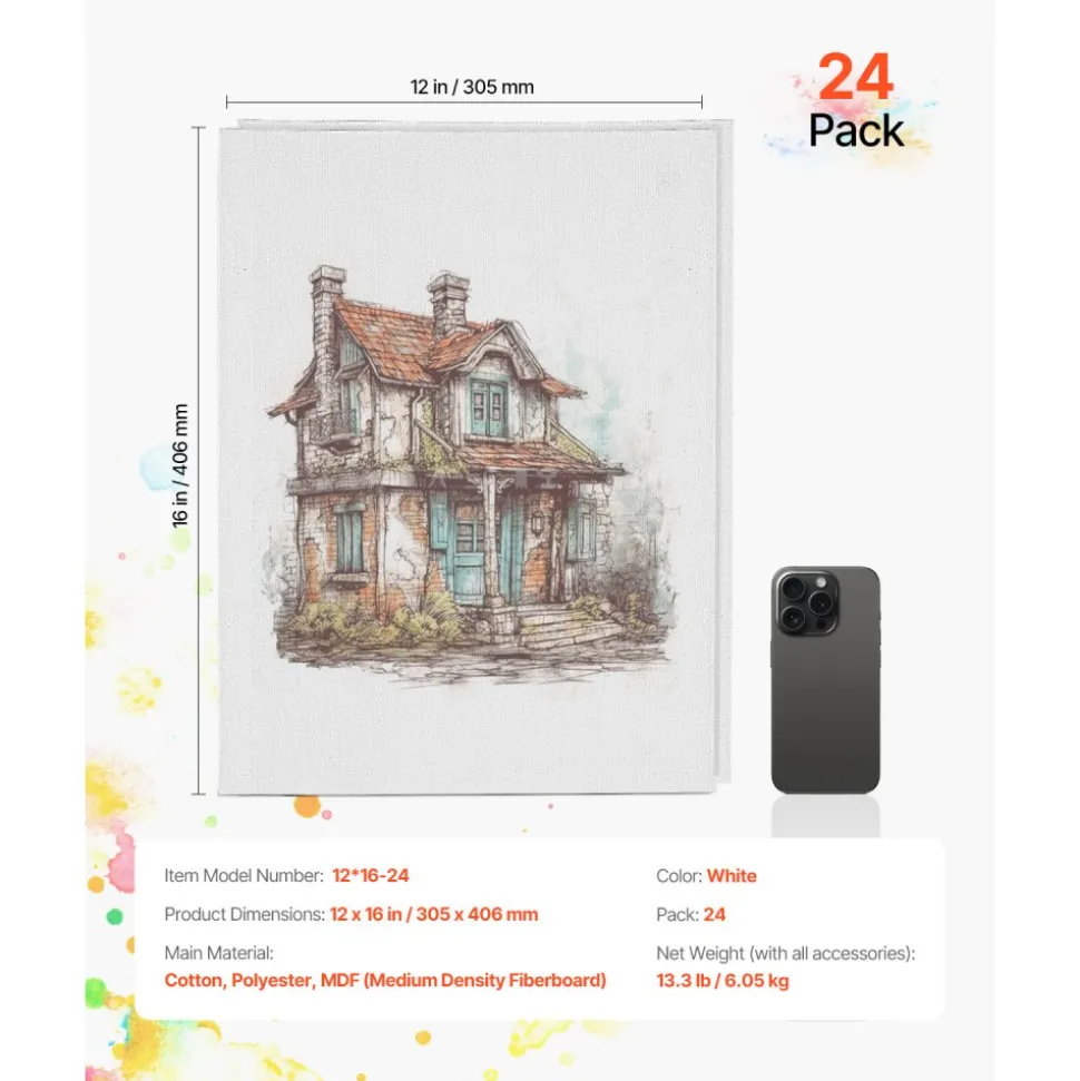 VEVOR Canvas Boards for Painting, 12 x 16 Inch White Canvases for Painting, 24 Pack Painting Canvas Panels for Sketching, Acrylic and Oil Painting, Watercolor, Paint Canvas for Kids and Professionals