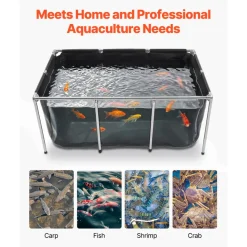 VEVOR Canvas Fish Pond 200 Gal Above Ground Fish Pond Black PVC Koi Tank, Rectangular Goldfish Tank with Clear Viewing Panel, Stainless Steel Frame and Drain Valve, for Breeding Koi and Irrigation