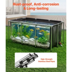 VEVOR Canvas Fish Pond 200 Gal Above Ground Fish Pond Black PVC Koi Tank, Rectangular Goldfish Tank with Clear Viewing Panel, Stainless Steel Frame and Drain Valve, for Breeding Koi and Irrigation
