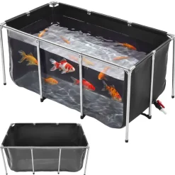 VEVOR Canvas Fish Pond 200 Gal Above Ground Fish Pond Black PVC Koi Tank, Rectangular Goldfish Tank with Clear Viewing Panel, Stainless Steel Frame and Drain Valve, for Breeding Koi and Irrigation