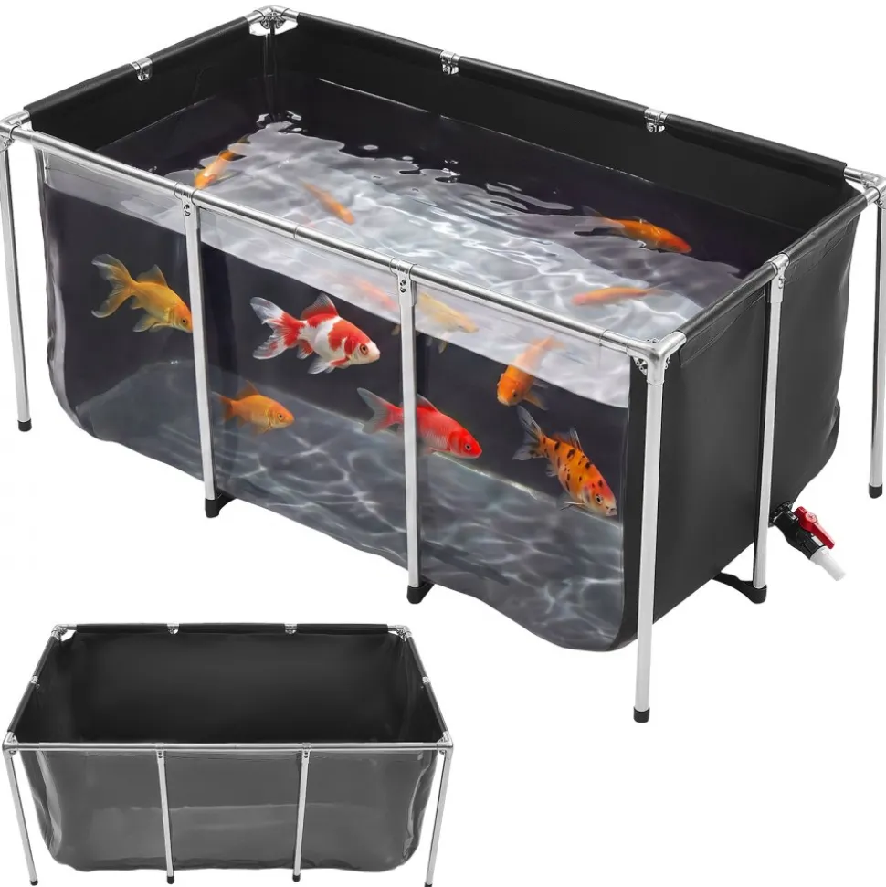 VEVOR Canvas Fish Pond 200 Gal Above Ground Fish Pond Black PVC Koi Tank, Rectangular Goldfish Tank with Clear Viewing Panel, Stainless Steel Frame and Drain Valve, for Breeding Koi and Irrigation