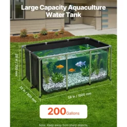 VEVOR Canvas Fish Pond 200 Gal Above Ground Fish Pond Black PVC Koi Tank, Rectangular Goldfish Tank with Clear Viewing Panel, Stainless Steel Frame and Drain Valve, for Breeding Koi and Irrigation