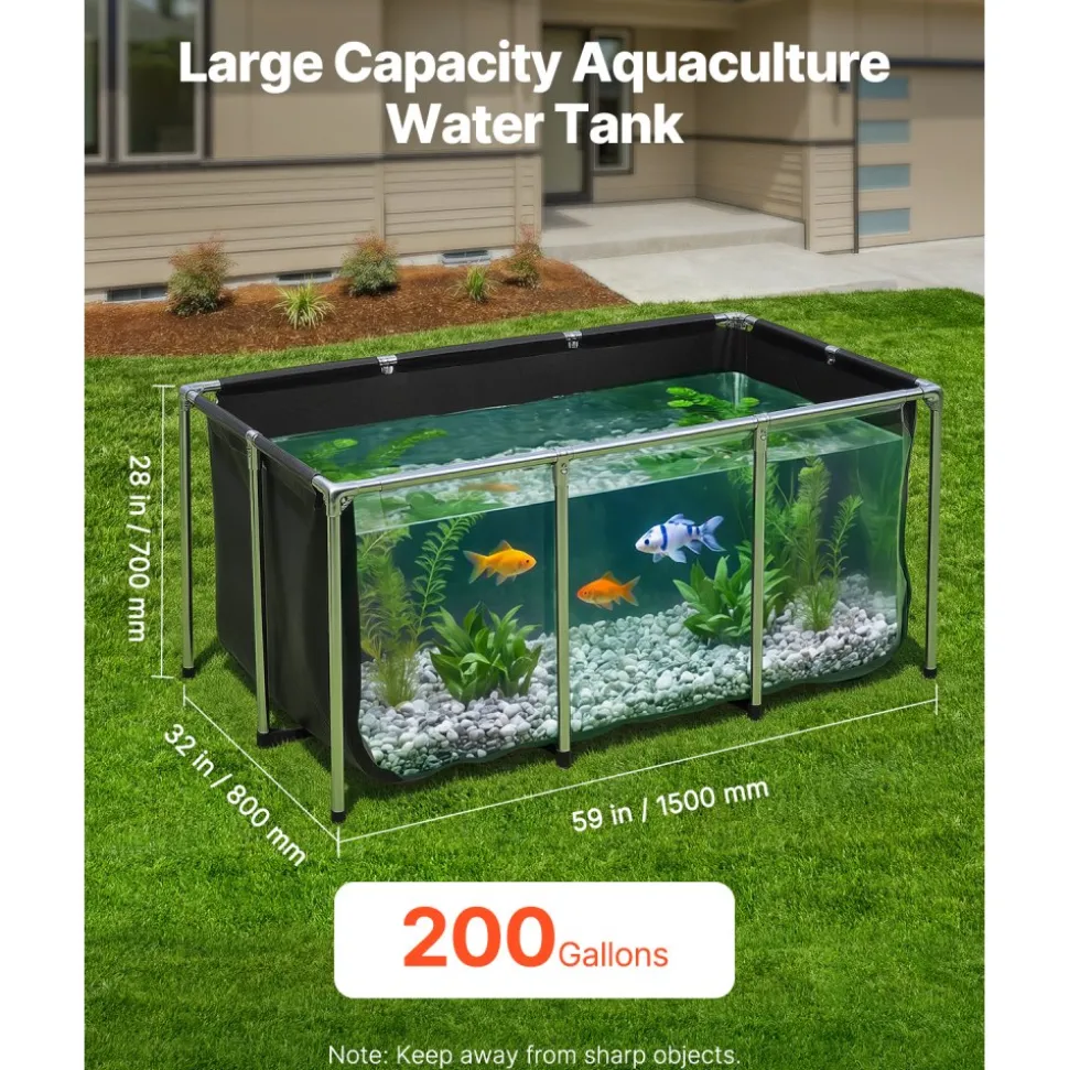 VEVOR Canvas Fish Pond 200 Gal Above Ground Fish Pond Black PVC Koi Tank, Rectangular Goldfish Tank with Clear Viewing Panel, Stainless Steel Frame and Drain Valve, for Breeding Koi and Irrigation