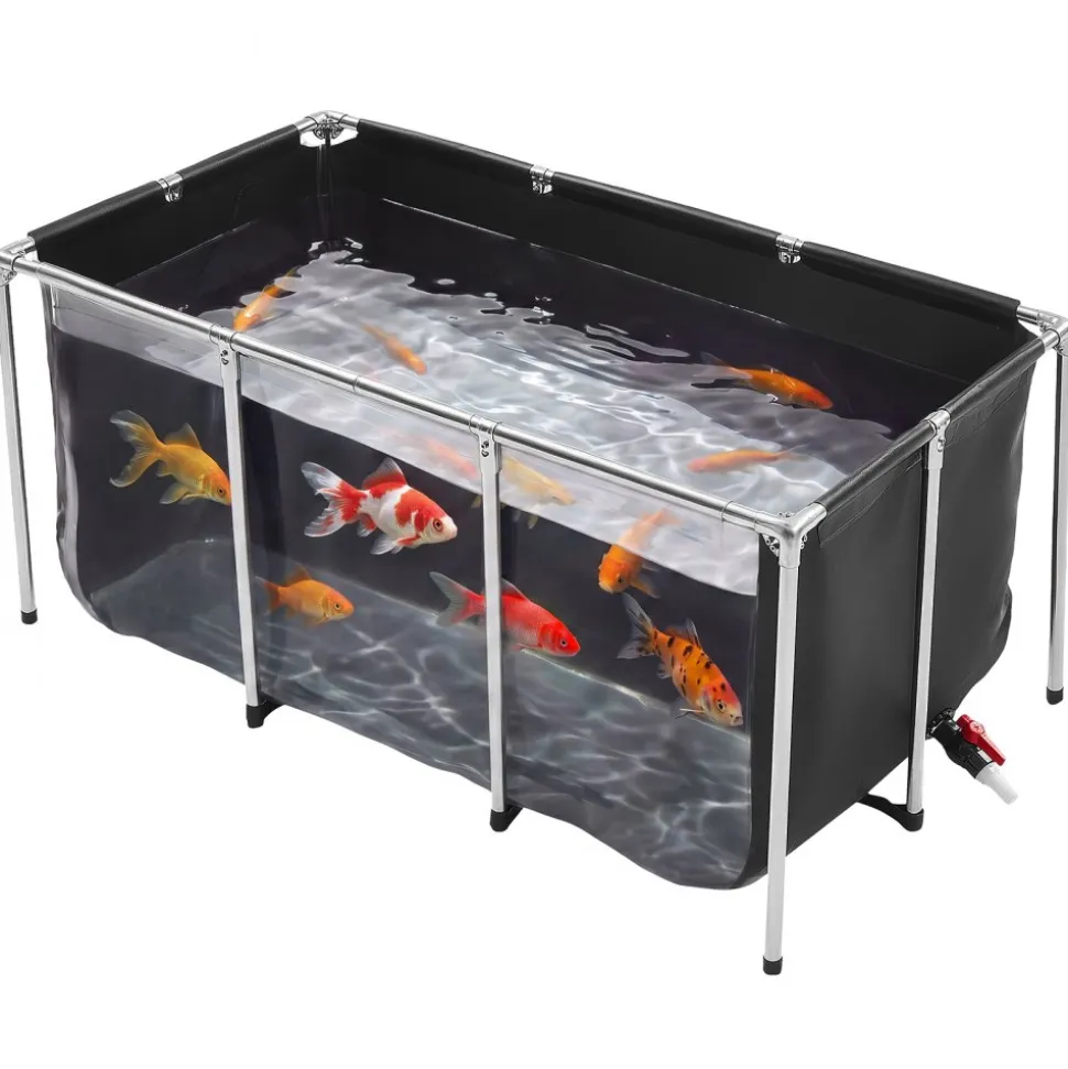 VEVOR Canvas Fish Pond 200 Gal Above Ground Fish Pond Black PVC Koi Tank, Rectangular Goldfish Tank with Clear Viewing Panel, Stainless Steel Frame and Drain Valve, for Breeding Koi and Irrigation