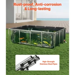 VEVOR Canvas Fish Pond, 470 Gal Above Ground Fish Pond, PVC Koi Tank with Clear Viewing Panel, Rectangular Goldfish Tank with Stainless Steel Frame & Drain Valve, for Breeding Koi, Irrigation(Black)