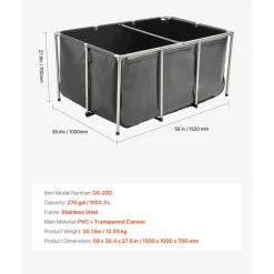 VEVOR Canvas Fish Pond, 126.8 Gal Above Ground Fish Pond, PVC Koi Tank with Clear Viewing Panel, Rectangular Goldfish Tank with Stainless Steel Frame & Drain Valve, for Breeding Koi, Irrigation(Black)