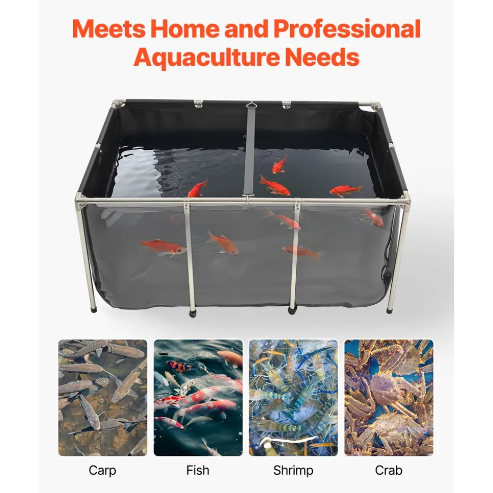 VEVOR Canvas Fish Pond, 270 Gal Above Ground Fish Pond, PVC Koi Tank with Clear Viewing Panel, Rectangular Goldfish Tank with Stainless Steel Frame & Drain Valve, for Breeding Koi, Irrigation(Black)