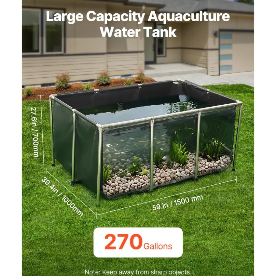 VEVOR Canvas Fish Pond, 270 Gal Above Ground Fish Pond, PVC Koi Tank with Clear Viewing Panel, Rectangular Goldfish Tank with Stainless Steel Frame & Drain Valve, for Breeding Koi, Irrigation(Black)