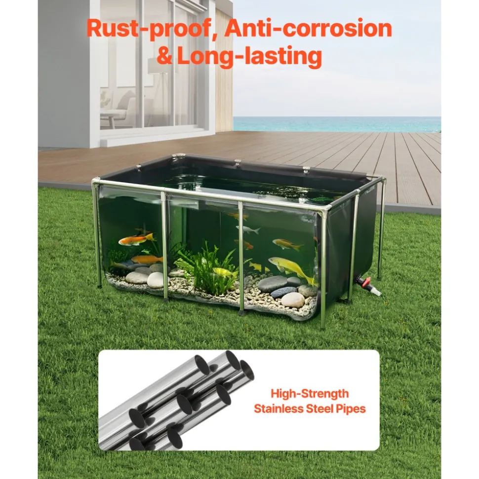 VEVOR Canvas Fish Pond, 270 Gal Above Ground Fish Pond, PVC Koi Tank with Clear Viewing Panel, Rectangular Goldfish Tank with Stainless Steel Frame & Drain Valve, for Breeding Koi, Irrigation(Black)