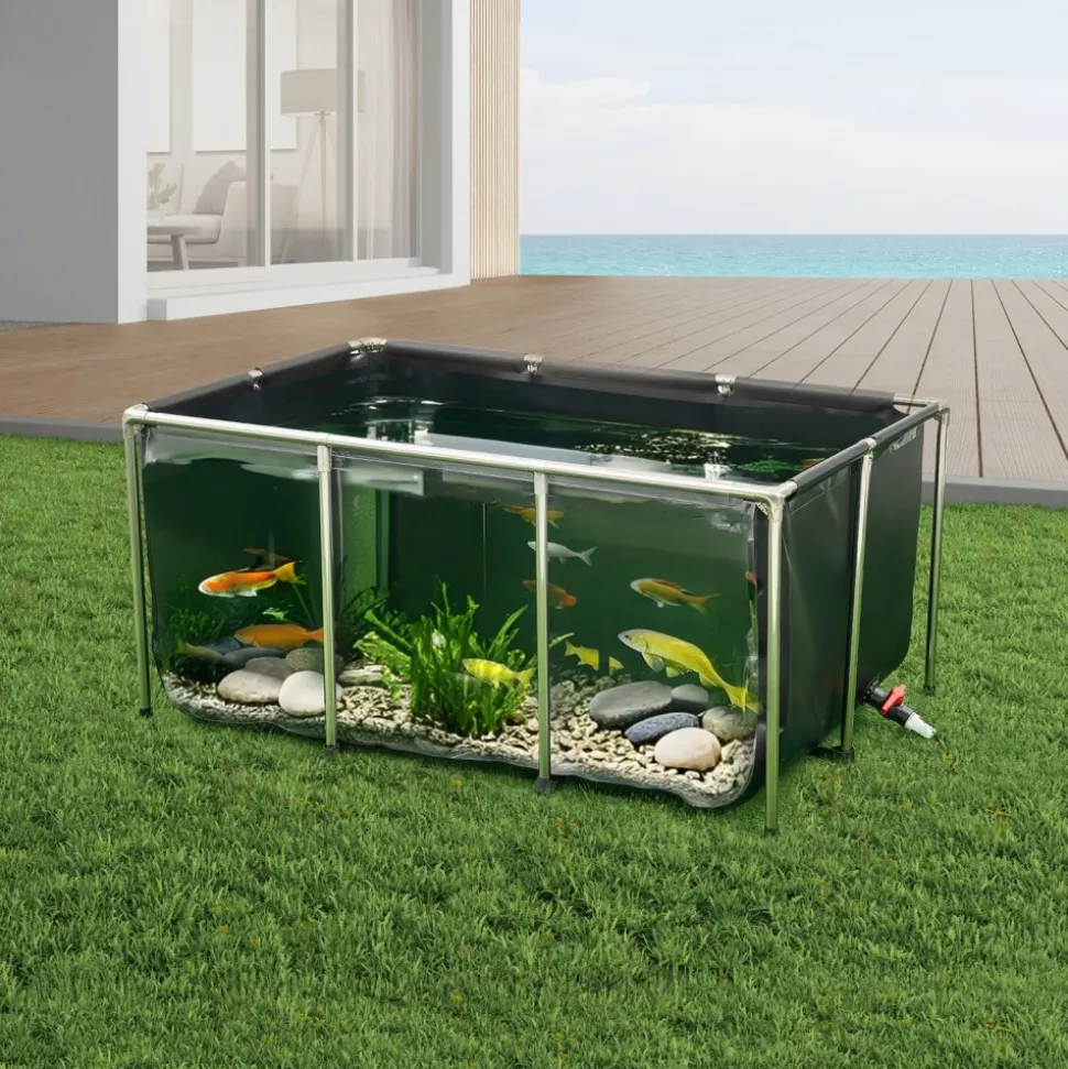 VEVOR Canvas Fish Pond, 270 Gal Above Ground Fish Pond, PVC Koi Tank with Clear Viewing Panel, Rectangular Goldfish Tank with Stainless Steel Frame & Drain Valve, for Breeding Koi, Irrigation(Black)