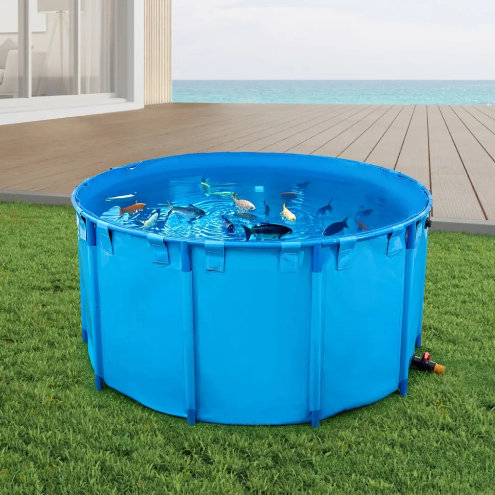 VEVOR Canvas Fish Pond, 818 Gal Capacity Above Ground Fish Pond, Foldable PVC Koi Tank, Round Goldfish Tank with Stable Frame and Drain Valve, for Aquaculture, Koi Breeding, and Irrigation (Blue)