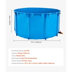 VEVOR Canvas Fish Pond, 818 Gal Capacity Above Ground Fish Pond, Foldable PVC Koi Tank, Round Goldfish Tank with Stable Frame and Drain Valve, for Aquaculture, Koi Breeding, and Irrigation (Blue)