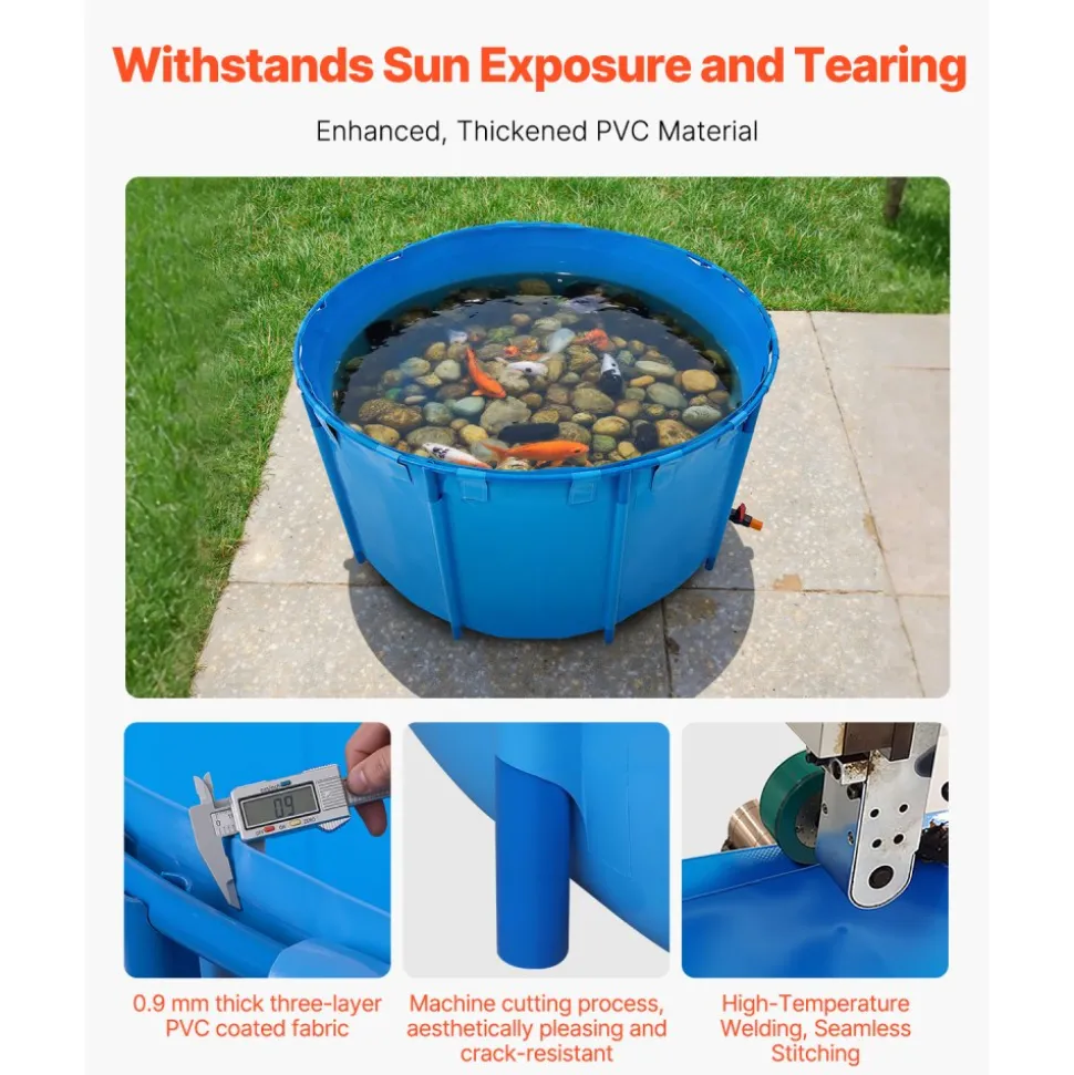 VEVOR Canvas Fish Pond, 818 Gal Capacity Above Ground Fish Pond, Foldable PVC Koi Tank, Round Goldfish Tank with Stable Frame and Drain Valve, for Aquaculture, Koi Breeding, and Irrigation (Blue)