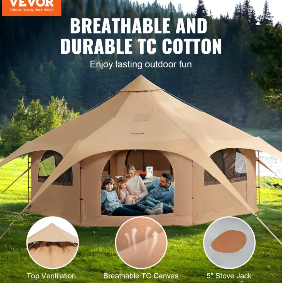VEVOR Canvas Tent, 4 Seasons 5 m/16.4 ft Bell Tent, Canvas Tent for Camping with Stove Jack, Breathable Yurt Tent for up to 8 People, Family Camping Outdoor Hunting Party
