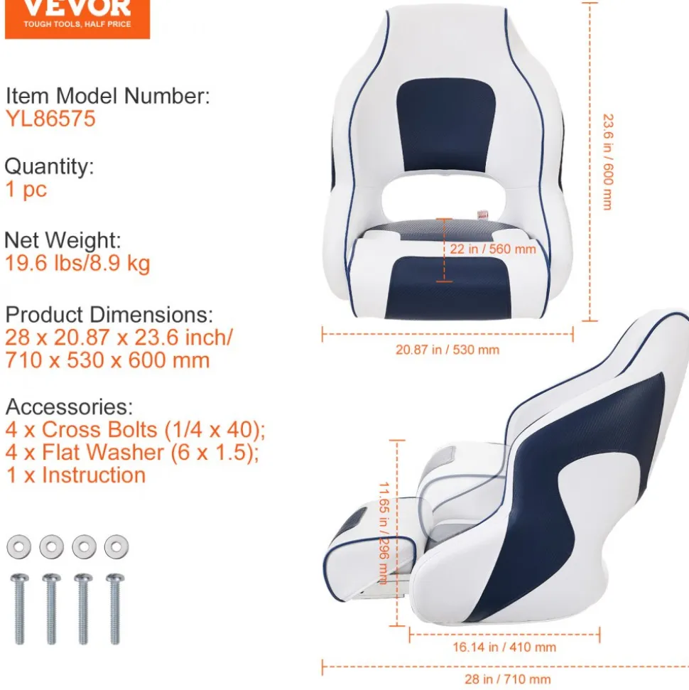 VEVOR Captain Bucket Seat Boat Seat, Flip Up Boat Seat, with Thickened Sponge Padding, Flip-up Bolster Boat Captain Chair for Fishing Boat, Sightseeing Boat, Speedboat, Canoe, 1-Piece