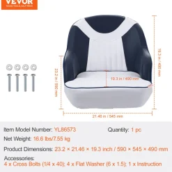 VEVOR Captain Bucket Seat, Pontoon Boat Seat with Thickened Sponge Padding, Boat Captain Chair for Fishing Boat, Sightseeing Boat, Speedboat, Canoe, 1-Piece