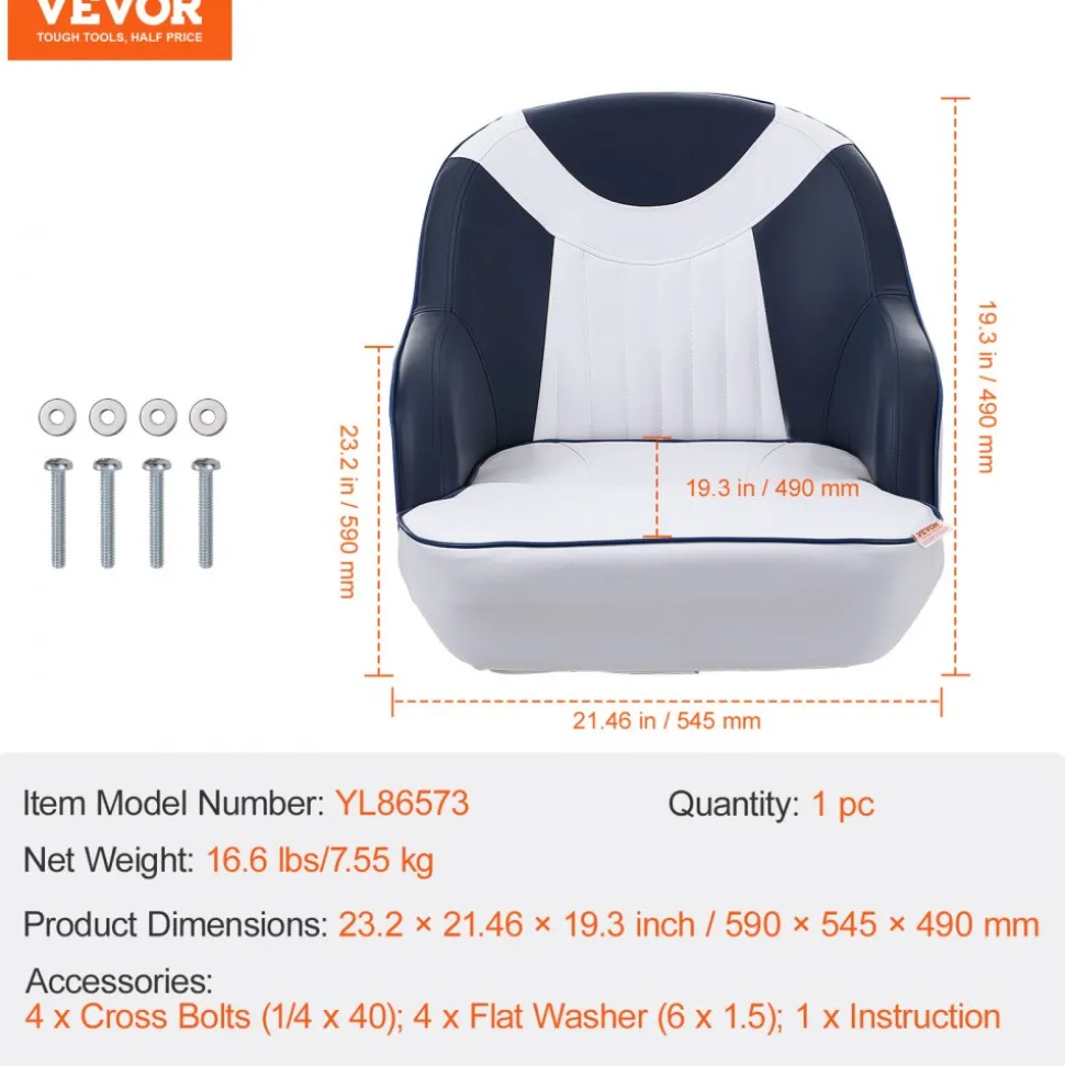 VEVOR Captain Bucket Seat, Pontoon Boat Seat with Thickened Sponge Padding, Boat Captain Chair for Fishing Boat, Sightseeing Boat, Speedboat, Canoe, 1-Piece