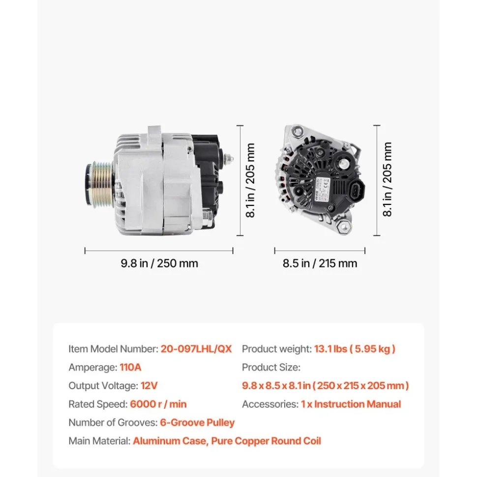VEVOR Car Alternator 11491, Compatible with Hyundai Sonata 2.4L 2010-2013, Kia Optima 2.4L 2011-2013, Automotive Replacement Alternator with Aluminum Housing and Pure Copper Round Coil, 37300-2G150